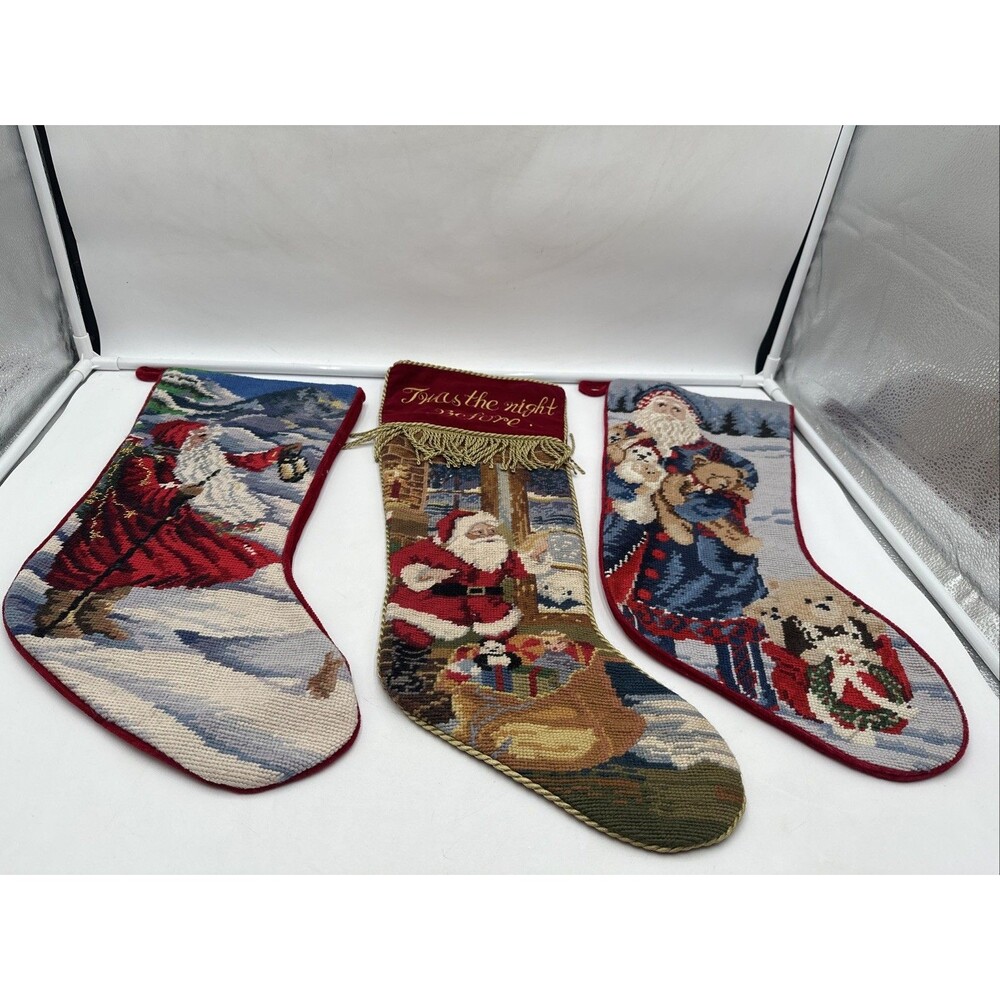 3 Vtg Twas The Night Before Christmas & Santa Stocking Needlepoint Velvet Lined